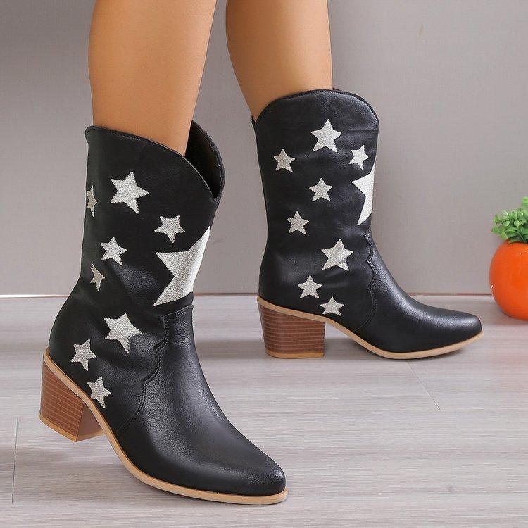 New Women's Embroidered Western Knee High Boots Cowboy Cowgirl Boots Chunky Heel Platform Boots Women Western Shoes