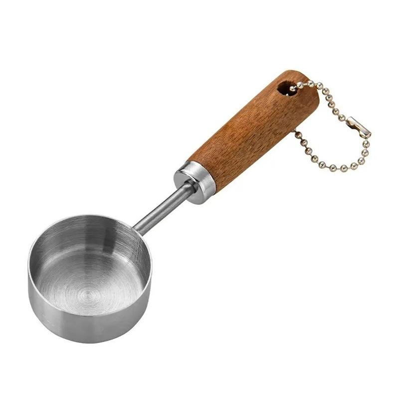 15 ml Messlöffel aus Edelstahl mit flachem Boden, aufhängbar, Messbecher, rostfrei mit Holzgriff, Küchenkaffeemesswerkzeuge