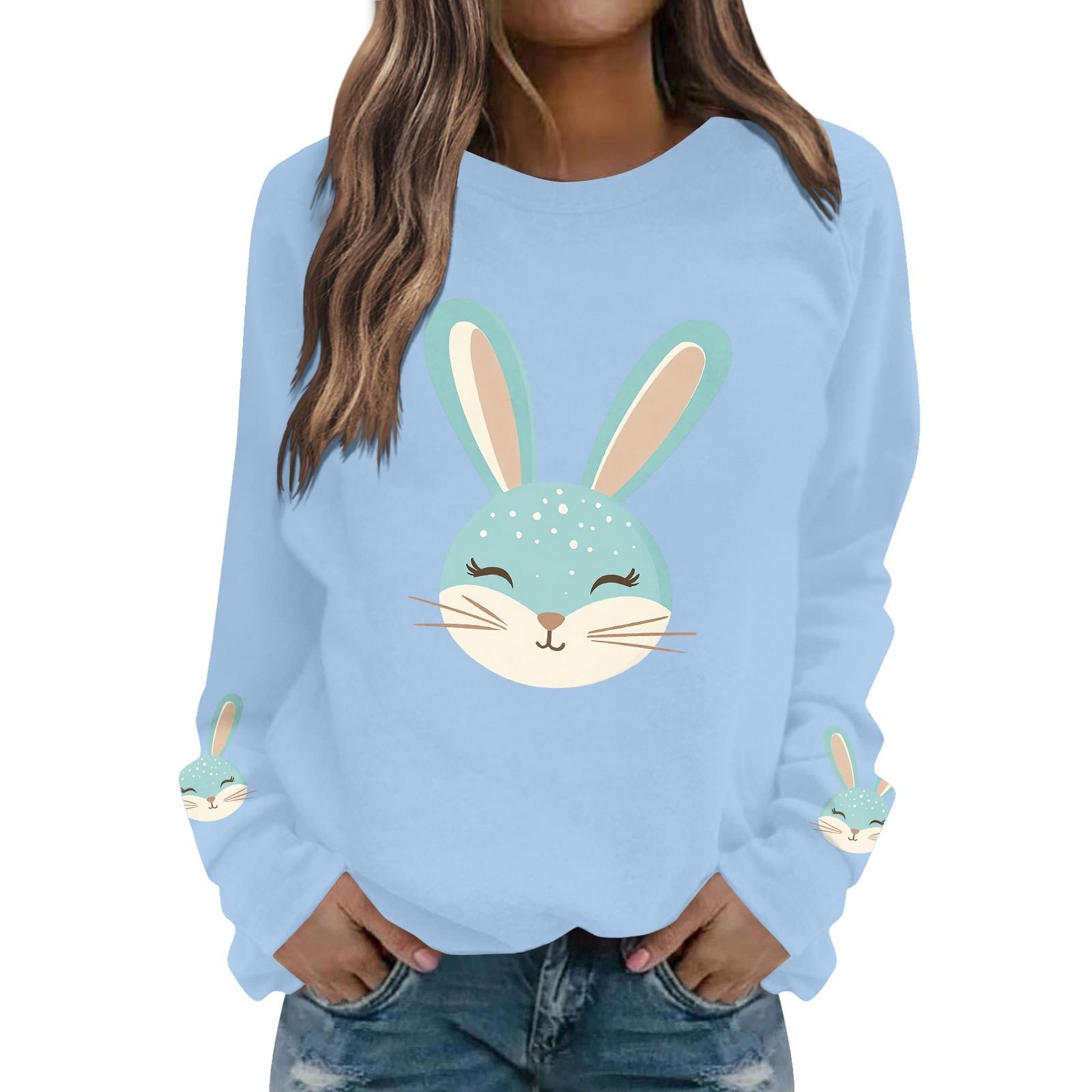 

Женская мода повседневная толстовка с длинным рукавом и круглым вырезом с принтом пасхального кролика M синий