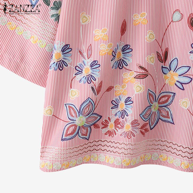 ZANZEA Women Casual Round Neck 3/4 Sleeve Floral Print Stripe Blouse