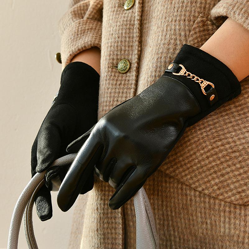 Luxury Protein Leather Fleece Lined Women'S Gloves Winter Cycling Windproof Keep Warm Elegant Touchscreen Gloves