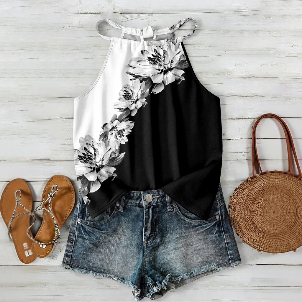 Women’s Sleeveless Bohemian Floral Print Neck Tank Top with Relaxed Fit and Lightweight Fabric for Daily Wear and Layering