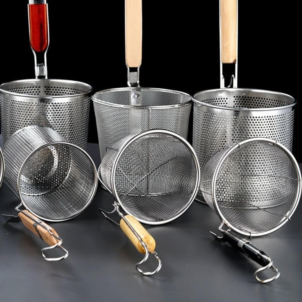 Thickened Stainless Steel Funnel Wooden Handle Kitchen Gadgets Vegetables Mesh Sieve Spoon Multifunctional Pasta Basket Strainer