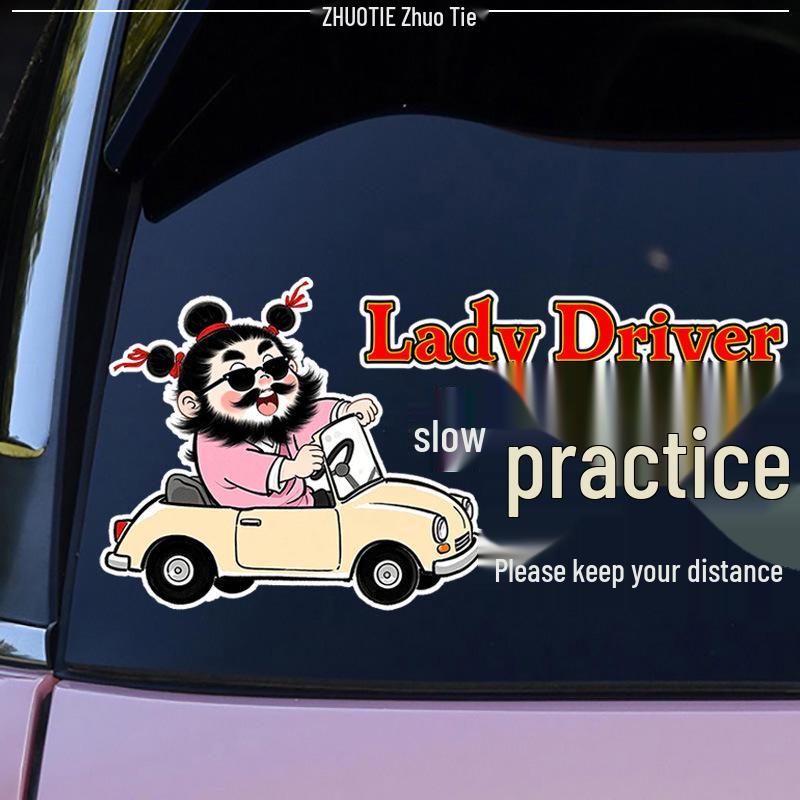 Funny New Driver Caution Sticker: Beginner Female Driver - Keep Safe Distance, Reflective & Waterproof for Rear Windshield