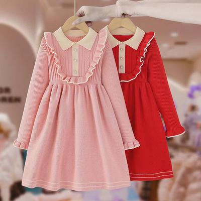 Girls' Knitted Long-Sleeve Lapel Dress – Fashionable College Style for Autumn/Winter