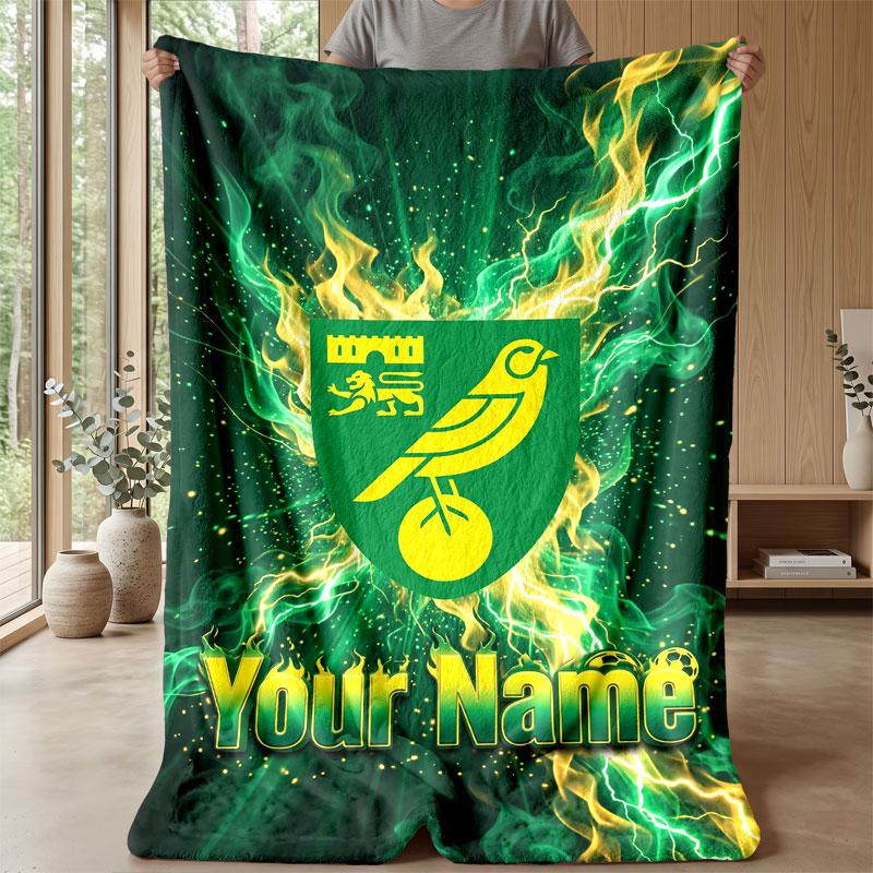 Norwich City Custom Name Text Flannel Blanket Soccer Logo Personalized Fleece Throw Blanket Special Gift For Sofa Bedroom Home
