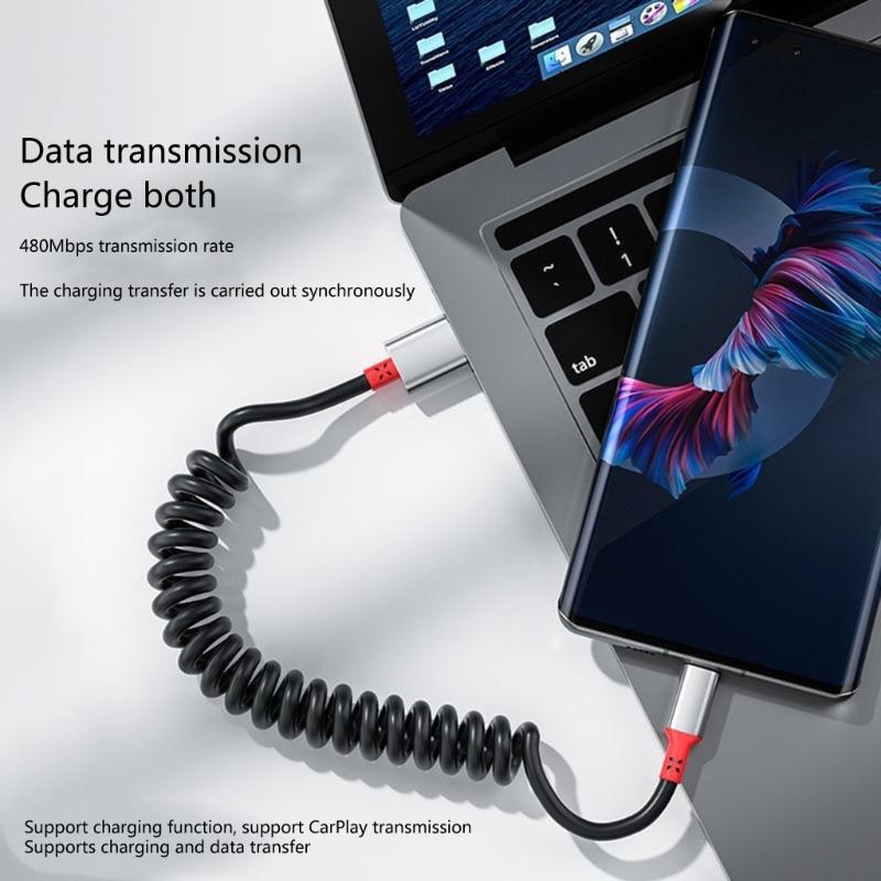 66W 5A Fast Charging Type C Cable USB Spring Car USB C Cable Data Transfer Line Colied for Android Cellphone Accessories