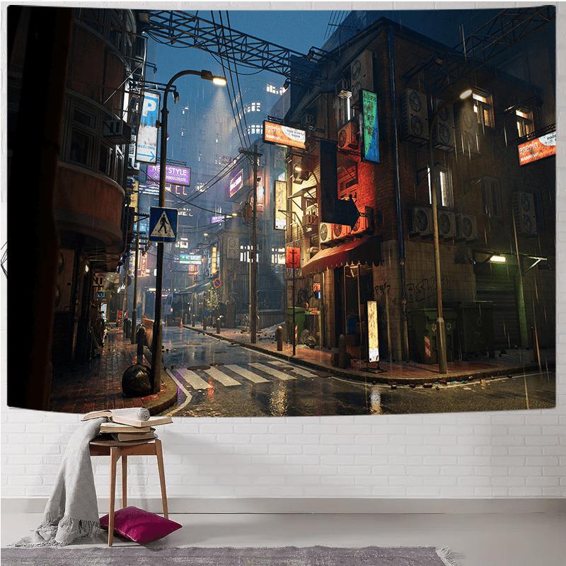 Rainy Cyberpunk Alley Tapestry For A Futuristic And Atmospheric Home Decor 100x150cm