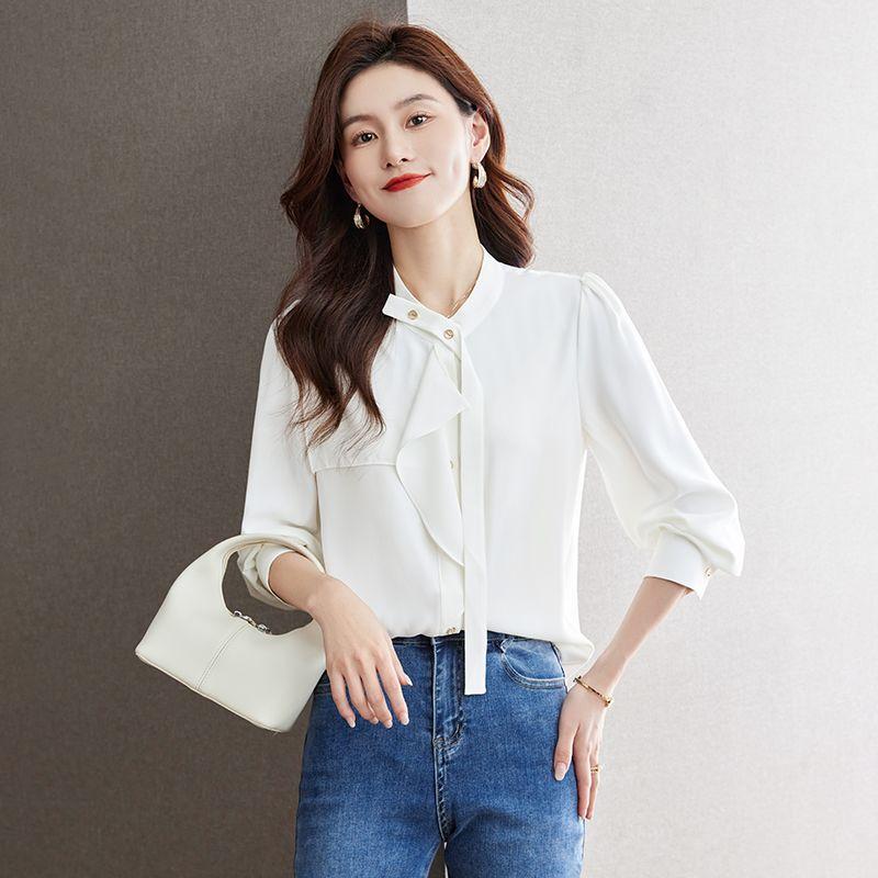 Design Ruffled Shirt Niche Style Versatile Right Shoulder Chiffon Shirt Long Sleeves Casual Wear