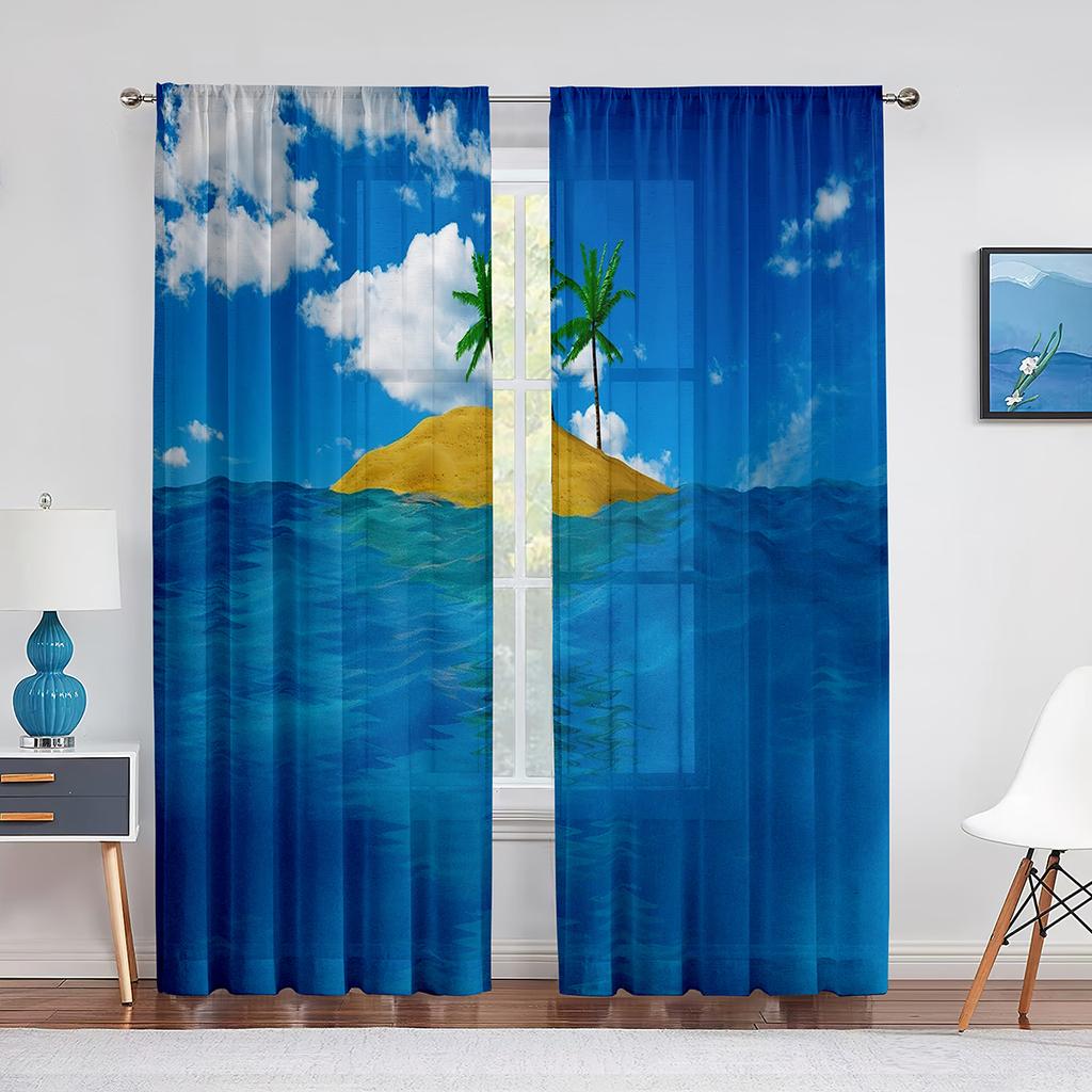 Oriental Culture Hand Drawn Style Japanese Motifs Illustration Wave Tulle Curtains for Living Room Bedroom Sheer Curtain Kitchen