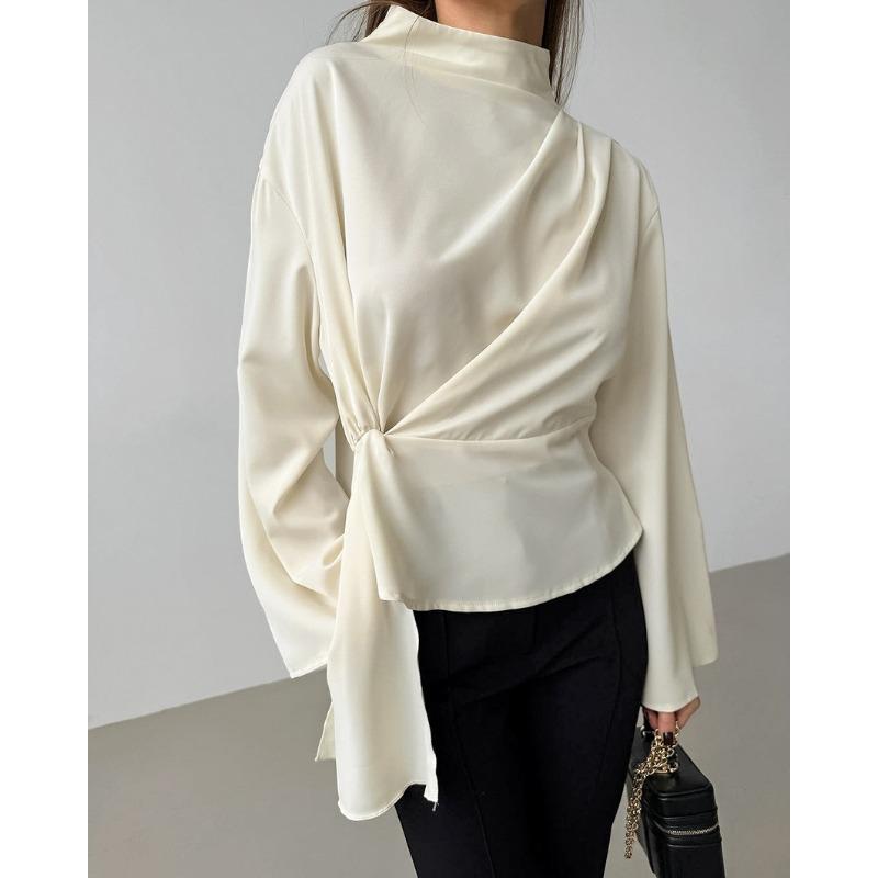 French Style Stand Collar Chiffon Flared Sleeve Pleated Split Shirt
