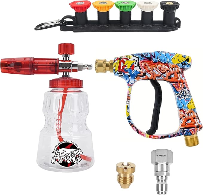 BEAR FORCE Pressure Washer Spray Gun Power Washer Short Gun with M22 Inlet-14mm & Foam Cannon Foam Gun with 5 Nozzles Tips #035