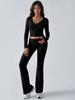 Autumn Women Deep V Neck Flared Pants Sport Casual Set For Women