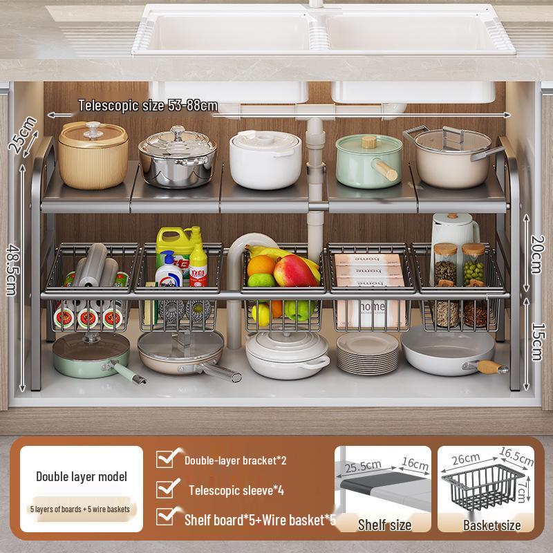 Retractable Under-Sink Tiered Shelf and Pot Storage Rack