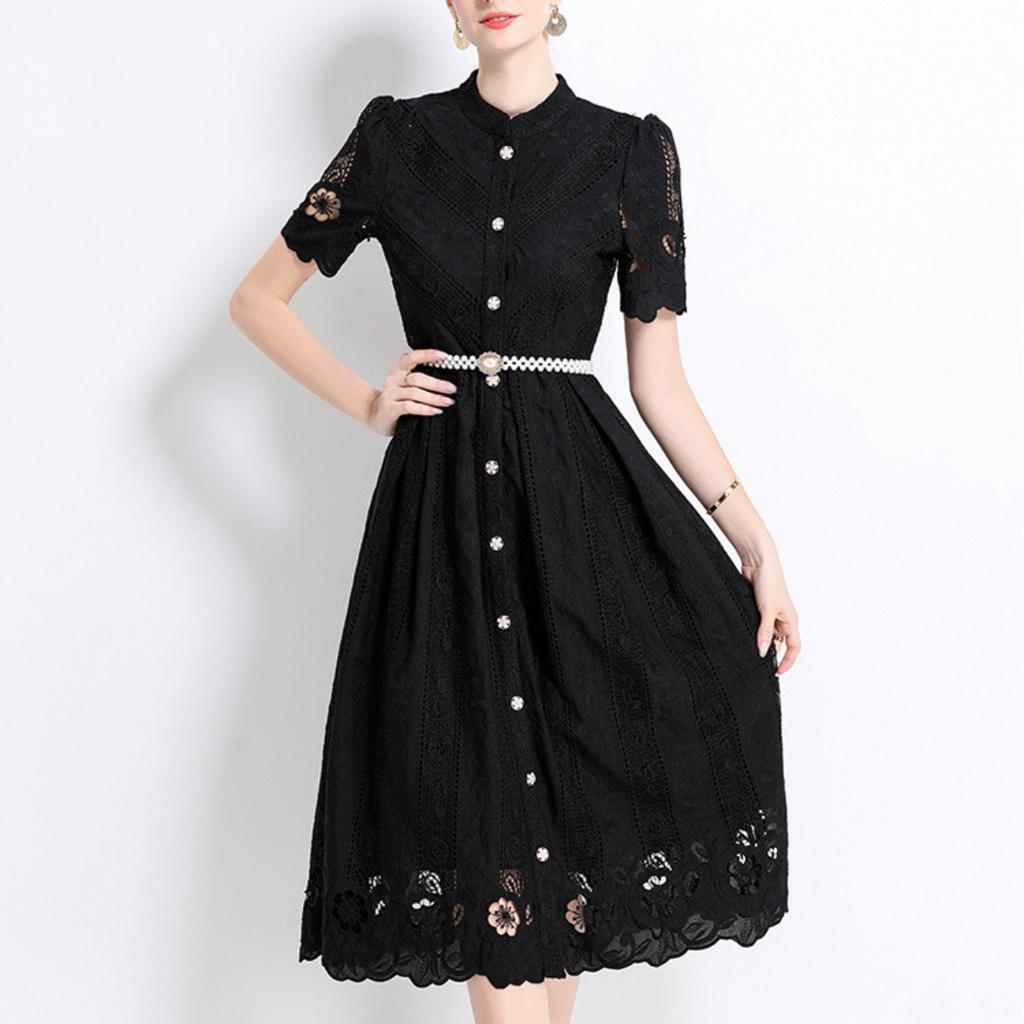 Women's Stand Collar Short Sleeve Hollow Out Lace A-Line Mid Waist Elegant Commuter Midi Dress