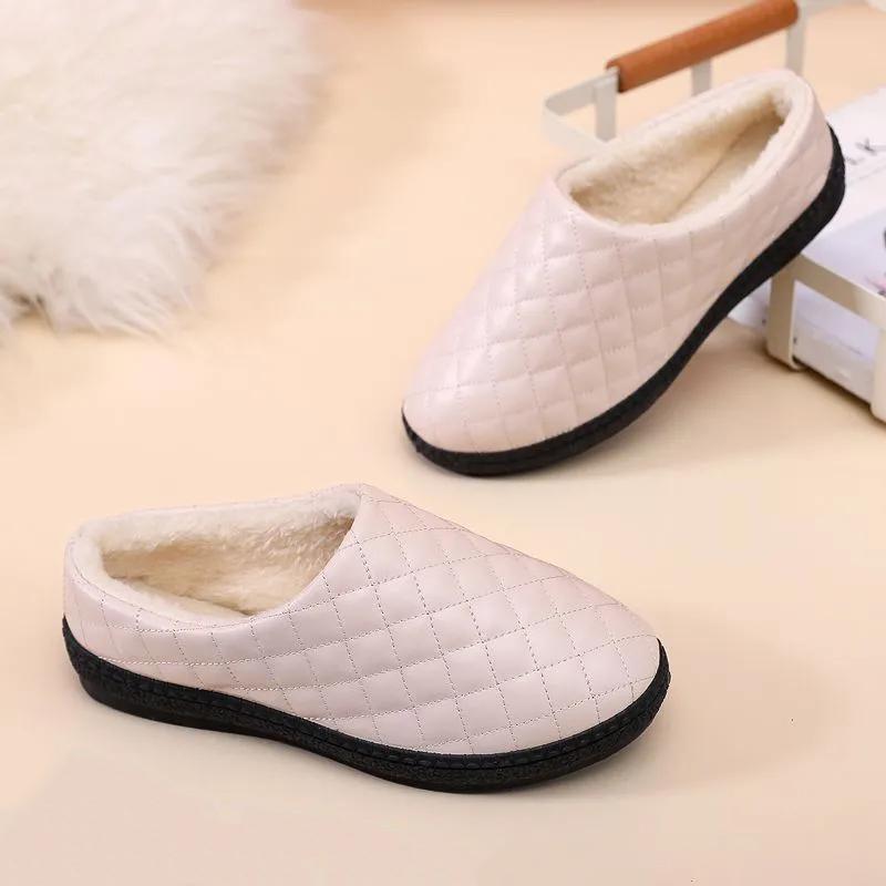 WTEMPO Faux Leather Large Size Solid Color Shoes Women's Autumn Winter Warm Casual Plush PU Slippers Shoes