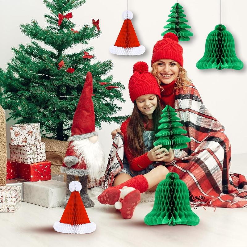 Honeycomb Christmas Decor 3D Paper Centerpieces for Tables, Xmas Ornaments for Home Party, Festive Holiday Decor Supplies for New Year