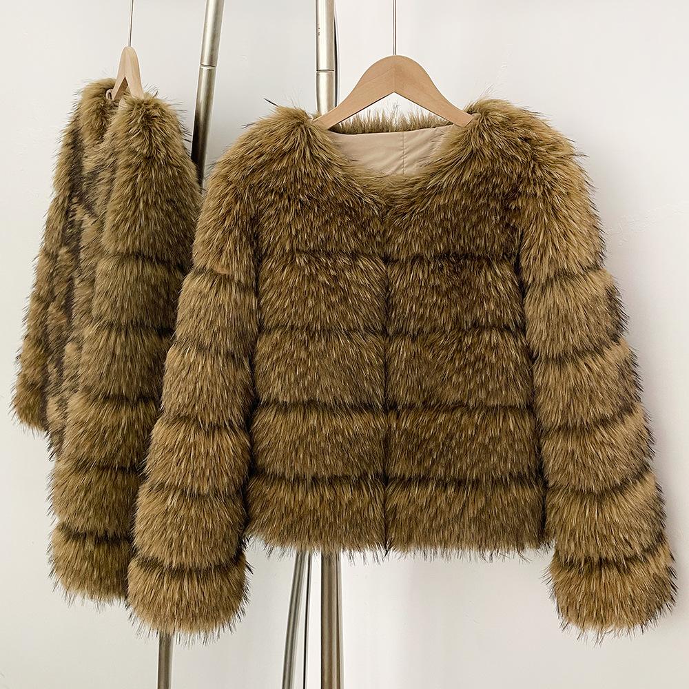 

Imitation Raccoon Fur Grass Coat Short Winter Women s Round Neck Thick Warm Fur Coat S
