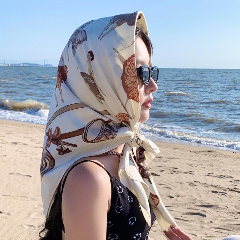 Nordic simple silk scarf long female French retro black and white striped large square scarf tied hair ins headscarf headband shawl