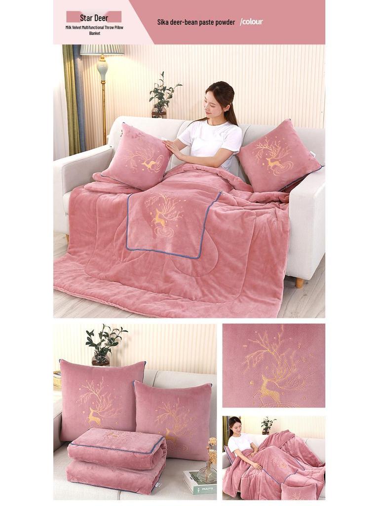 Dual-Use Pillow & Blanket: Crystal Velvet Embroidered Cushion for Car & Office Naps