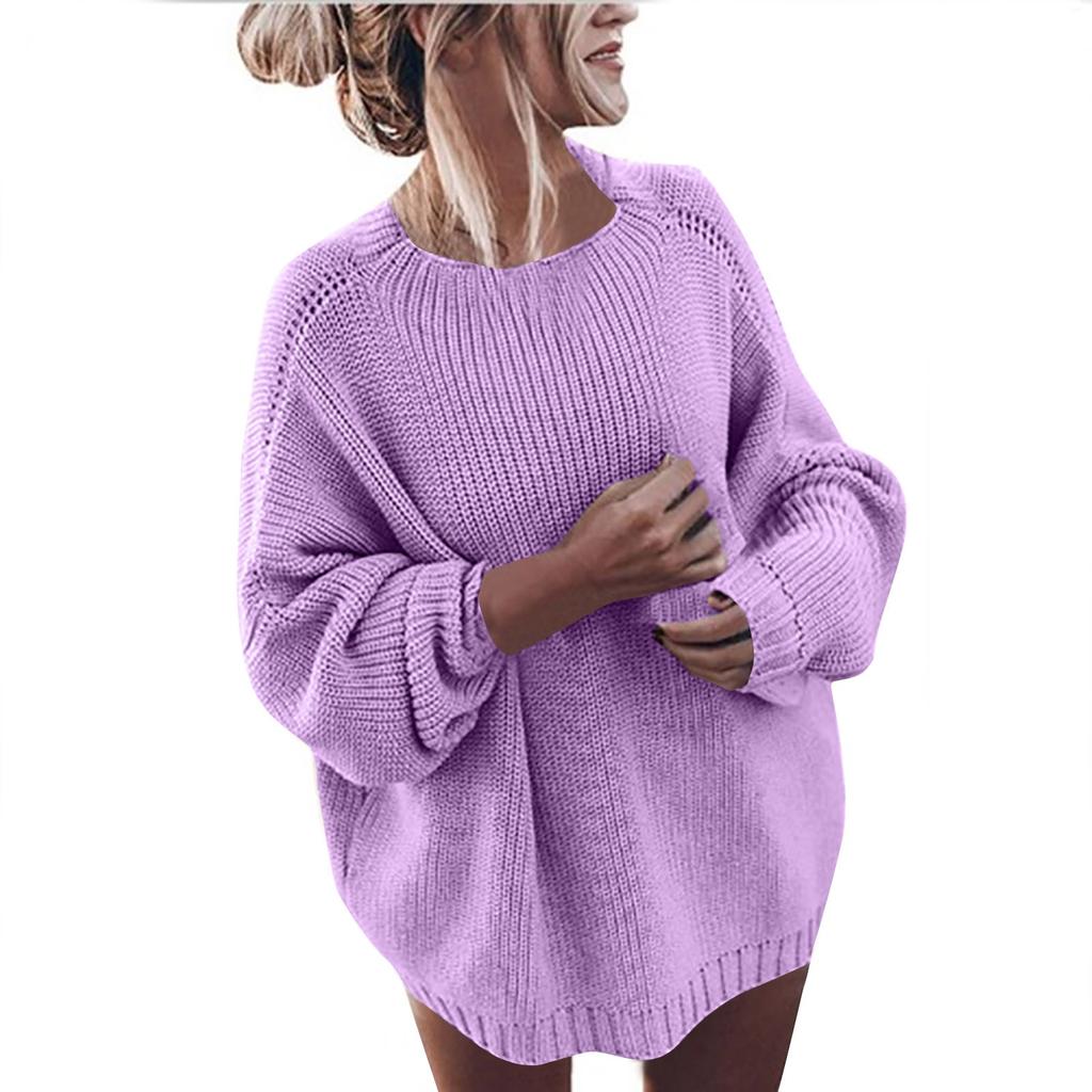 Women's Fashionable Casual Round Neck Solid Color Long Sleeve Sweaters