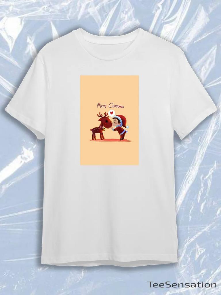 TeeSensation White Crew Neck Short Sleeve T-Shirt with Cute Boy Reindeer Christmas Illustration