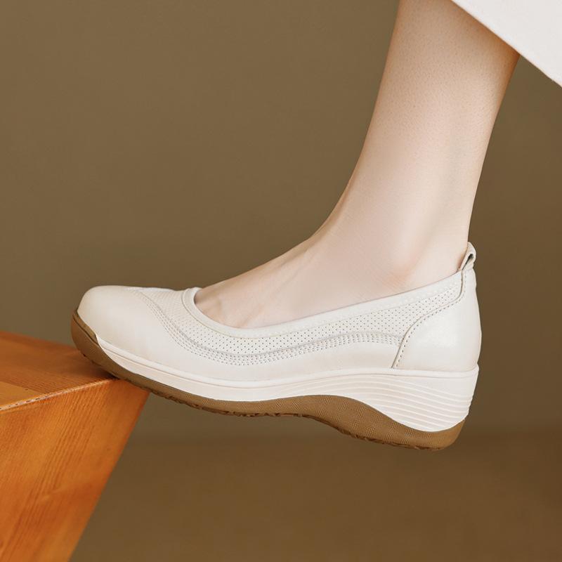 thick-soled wedge single shoes women's spring light soft-soled leather shallow mouth casual leather shoes