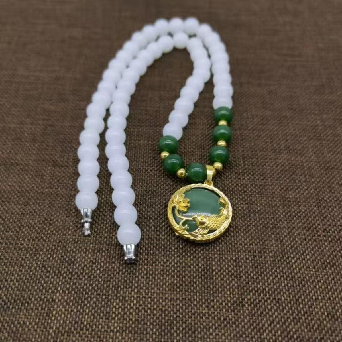 New Chinese Style Green Pearl Lotus and Koi Fish Necklace Set for Women