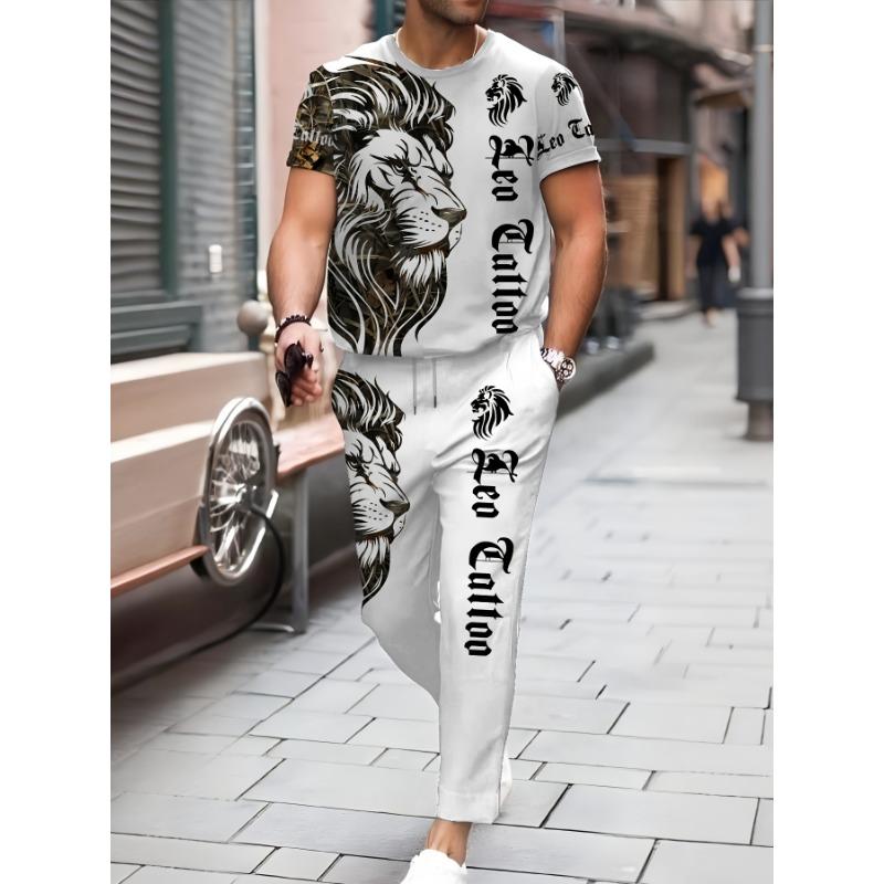 2D Printing Men'S Casual Fashion Sports Lion Print Round Neck Short Sleeve Long Pants Set
