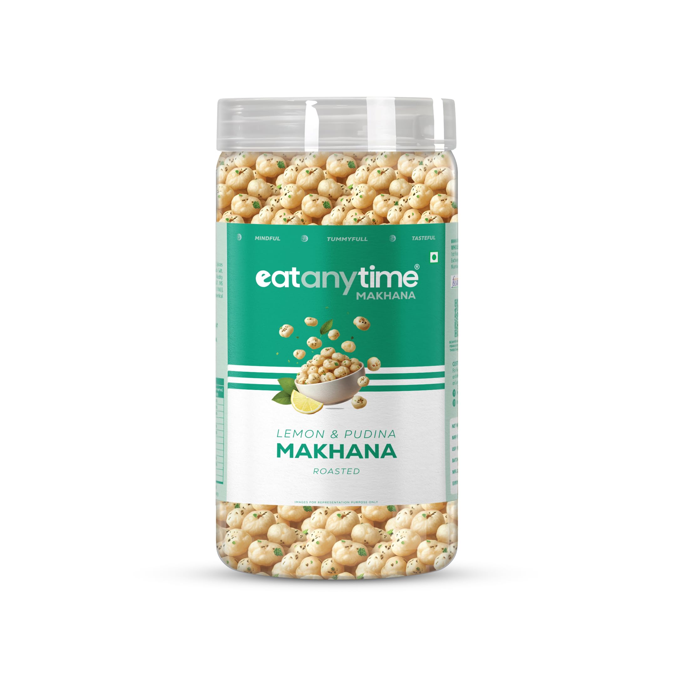 Eat Anytime Roasted Makhana - Lemon & Pudina | Roasted in Olive Oil | High in Protein, Fiber, Antioxidants | Healthy Fox Nuts Snack | Glute