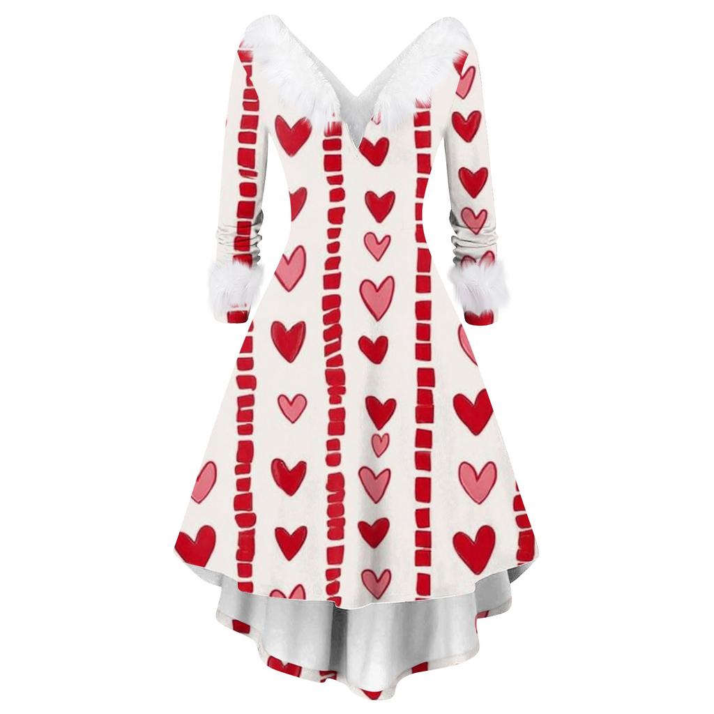 Damen stilvolles und elegantes langärmeliges V-Ausschnitt Kleid mit Valentinstags-Herzprint