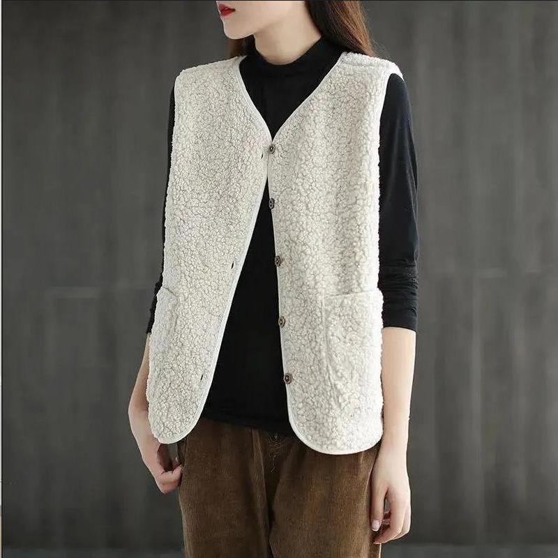 Vests New Spring Autumn Women Button Waistcoat Lamb Hair Winter Thermal Warm Thick Fleece Vests Sleeveless Jacket Ladies Coats