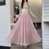 French Style Spring Summer Women Princess Midi Skirt High Waist Brown Blue Pink Black Apricot Mesh Skirt Romantic Fairy Long Party Skirt