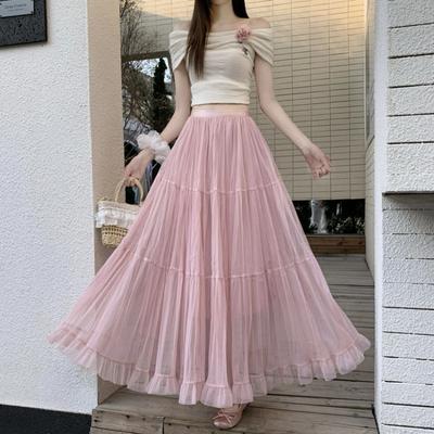 Französischer Stil Frühling Sommer Damen Prinzessin Midi Rock Hohe Taille Braun Blau Rosa Schwarz Aprikose Netzrock Romantischer Fee Langer Partyrock