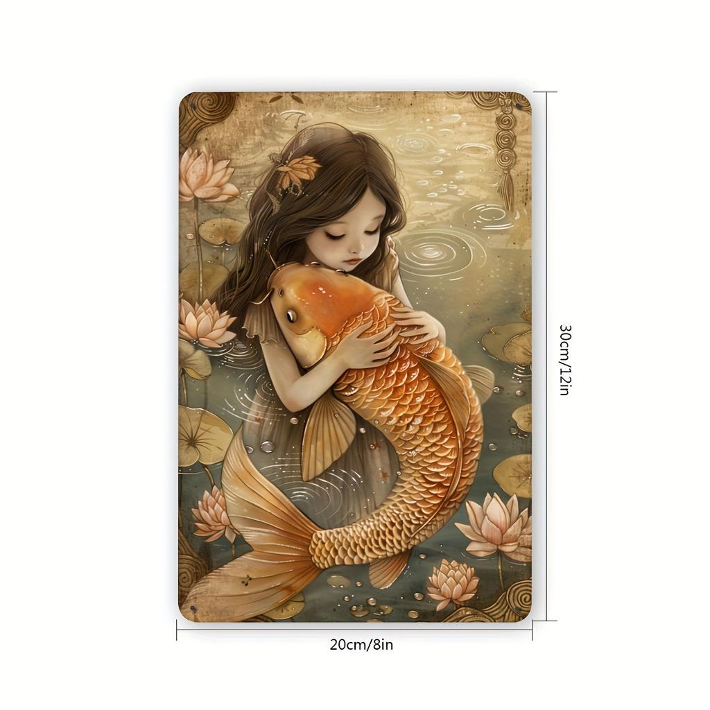 Vintage Koi Karp Folienprägung Metall Blechschild, Eisen Wandkunst zum Aufhängen, Emblem Dekoration für Zuhause & Außenbereich für Wohnzimmer, Schlafzimmer,