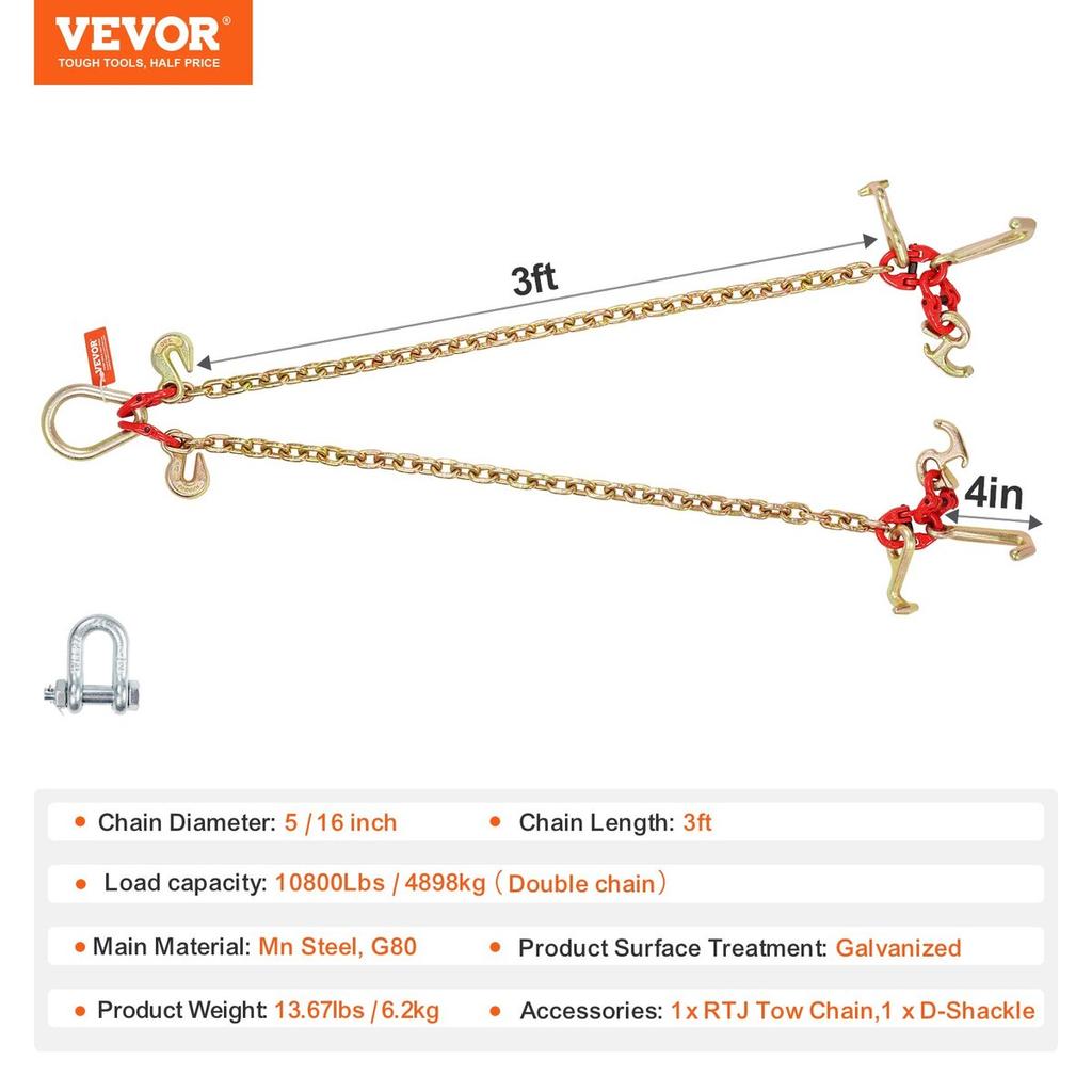 Cadena de remolque G80 de 5/16" x 3' Cadena en V Estrobo Ganchos RTJ y de agarre Grúa 10800 lbs