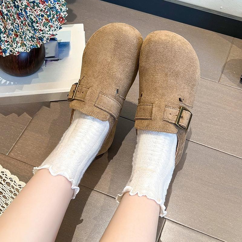 Fashion Single Shoes Women's Fashion Round Toe Suede Metal Buckle Soft Sole Non-slip Wear-resistant Flats