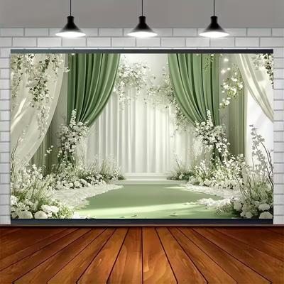 2D Elegant Sage Green Wedding Backdrop White Flower Curtain Party Photo Booth Banner