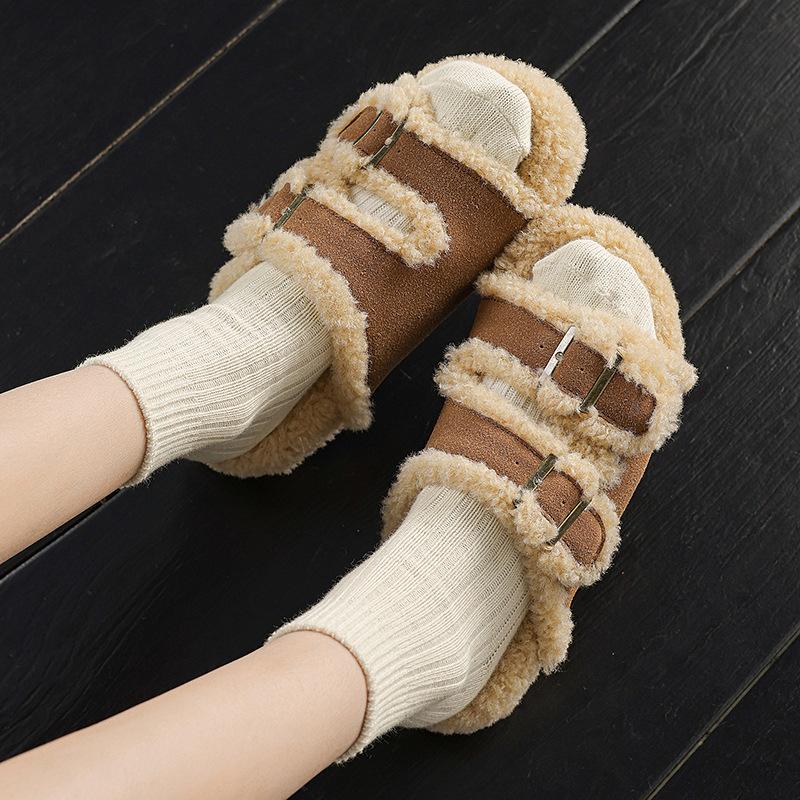 Slippers women's outer wear winter 2025 new fashion versatile belt buckle soft leather comfortable plush thick bottom fluff mop