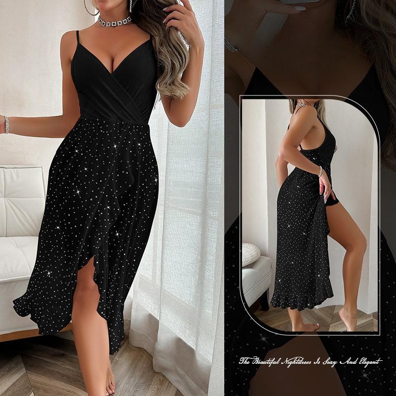 

Sheer Mesh V-Neck Sleeveless Nightgown Sequin Decor Sexy Lingerie Camisole Women s Loungewear Lightweight Flirty Sleepwear for Date Nights Relaxation L чорний