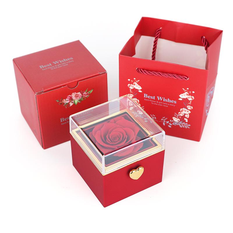 Luxury Rotating Acrylic Jewelry Box with Preserved Rose, Teddy Bear, and Birthday Cake Design