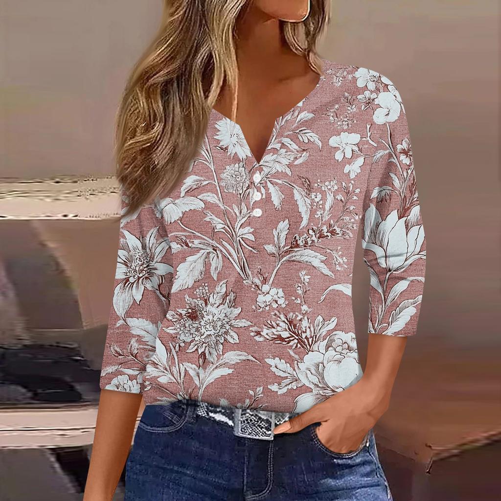 Women's T Shirt Tee Print Button  3/4 SleeveDaily Weekend Fashion Basic V- Neck Regular Top