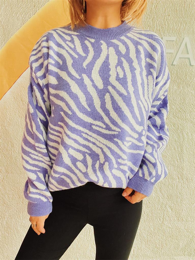 Women's new autumn and winter commuting knitted zebra print contrasting pullover sweater KTB