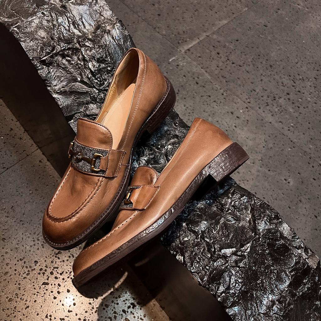 High Quality | 2.5cm British Style Brown Loafers Women's One-pedal Low-heeled Beanie Small Leather Shoes Horse Buckle Single Shoes