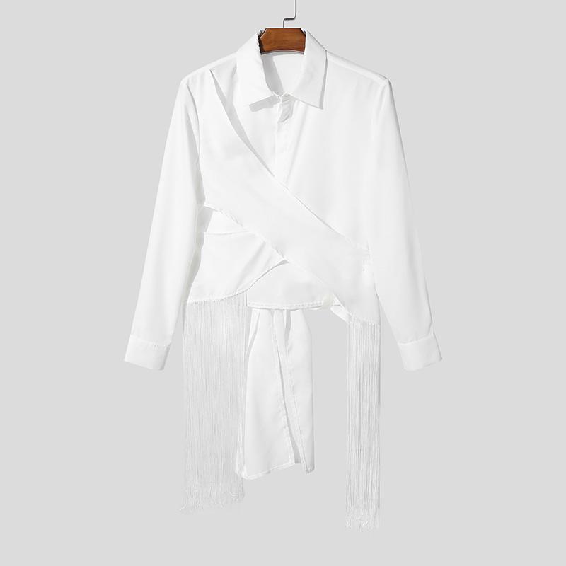 INCERUN Herren Reverskragen Langarm Überkreuzt Vorne Cropped Lässige Quasten Hemden Oberteile