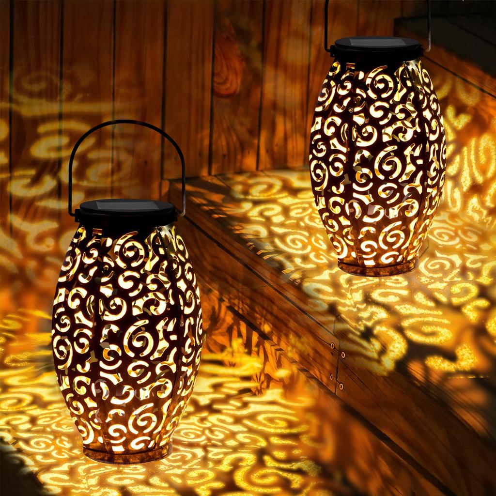 Xidajie Metal Retro Hanging Solar Lights, 2Pack Solar Lanterns With Hollow Patte