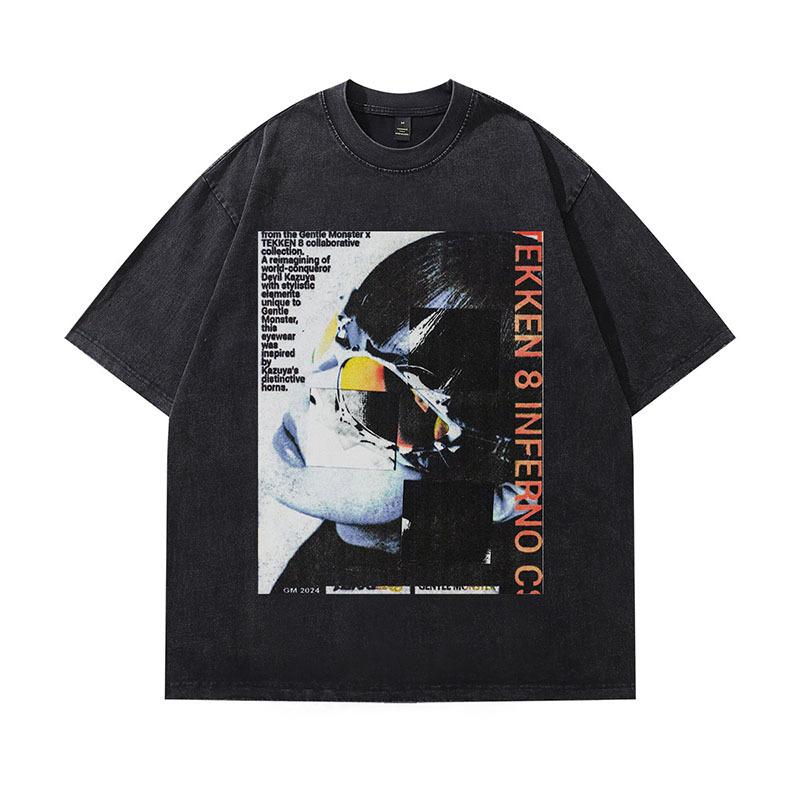 Trendy Brand Men'S Clothing American Vintage Retro Kpop Printing Heavy Cotton Washed Short-Sleeved T-Shirt Men And Women Trendy