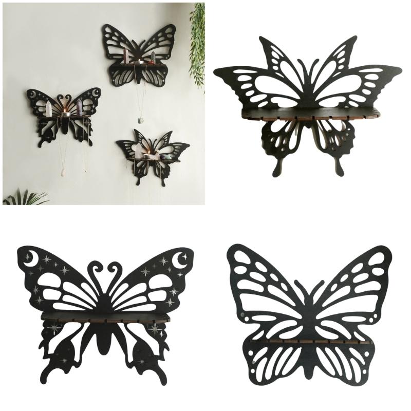 Black Hanging Shelf Crystal Holders Butterfly Shape Wood Cutout Floating Wall Shelves for Bedroom Living Room Decoration