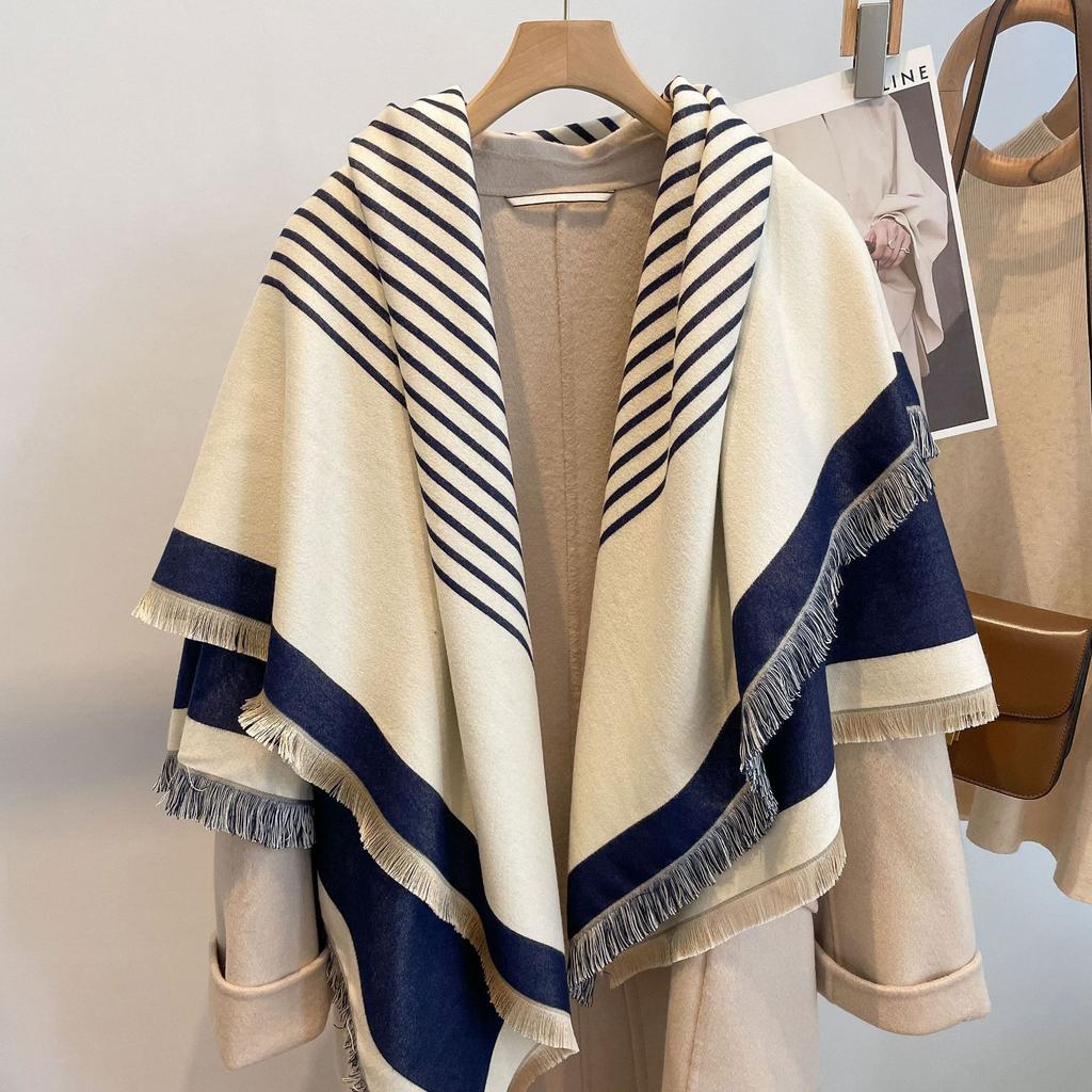 Double-Sided Imitation Cashmere Warm Striped Scarf Women'S Thickened Scarf Air Conditioner Shawl Outside