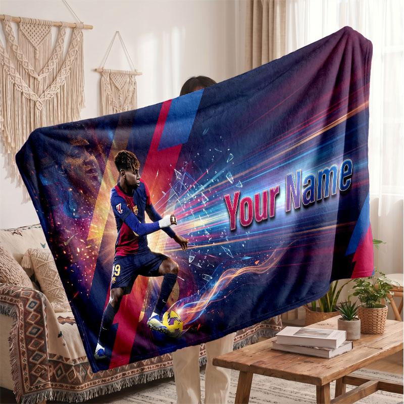 Coperta in pile personalizzata Lamine Yamal con logo del calcio, testo con nome personalizzato, morbida, calda, coperta da divano per la casa